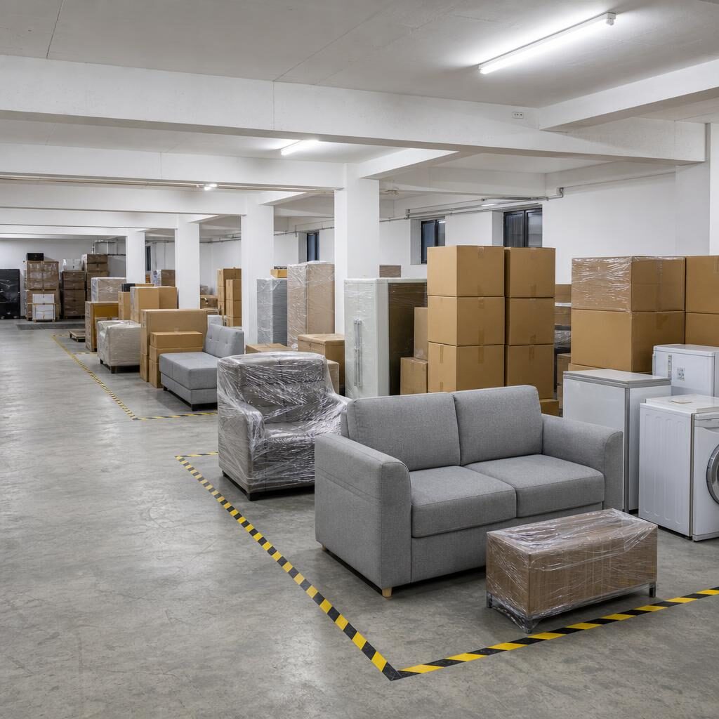 Illustrative: furniture and belongings stored tidily within a marked dedicated zone