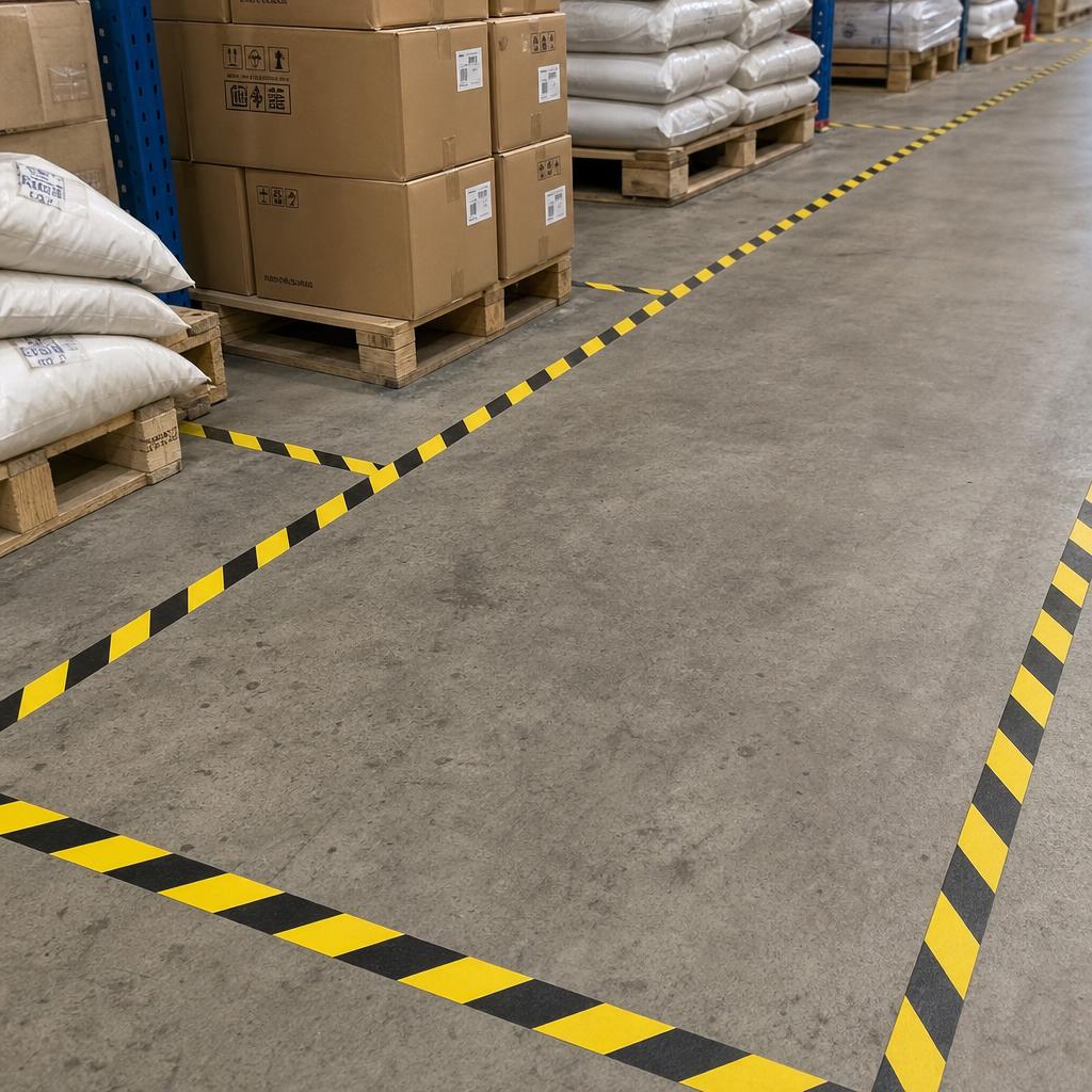 Illustrative: yellow-black tape on the floor clearly separating each storage zone